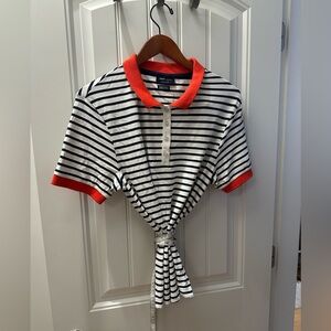 Saint James Navy and White Striped Top with Orange Neckline